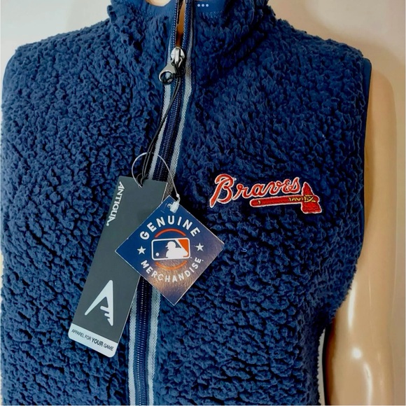 Atlanta Braves Womens Vest Size 2XL Blue Sherpa Fleece Antigua Zip Front New - Picture 2 of 5